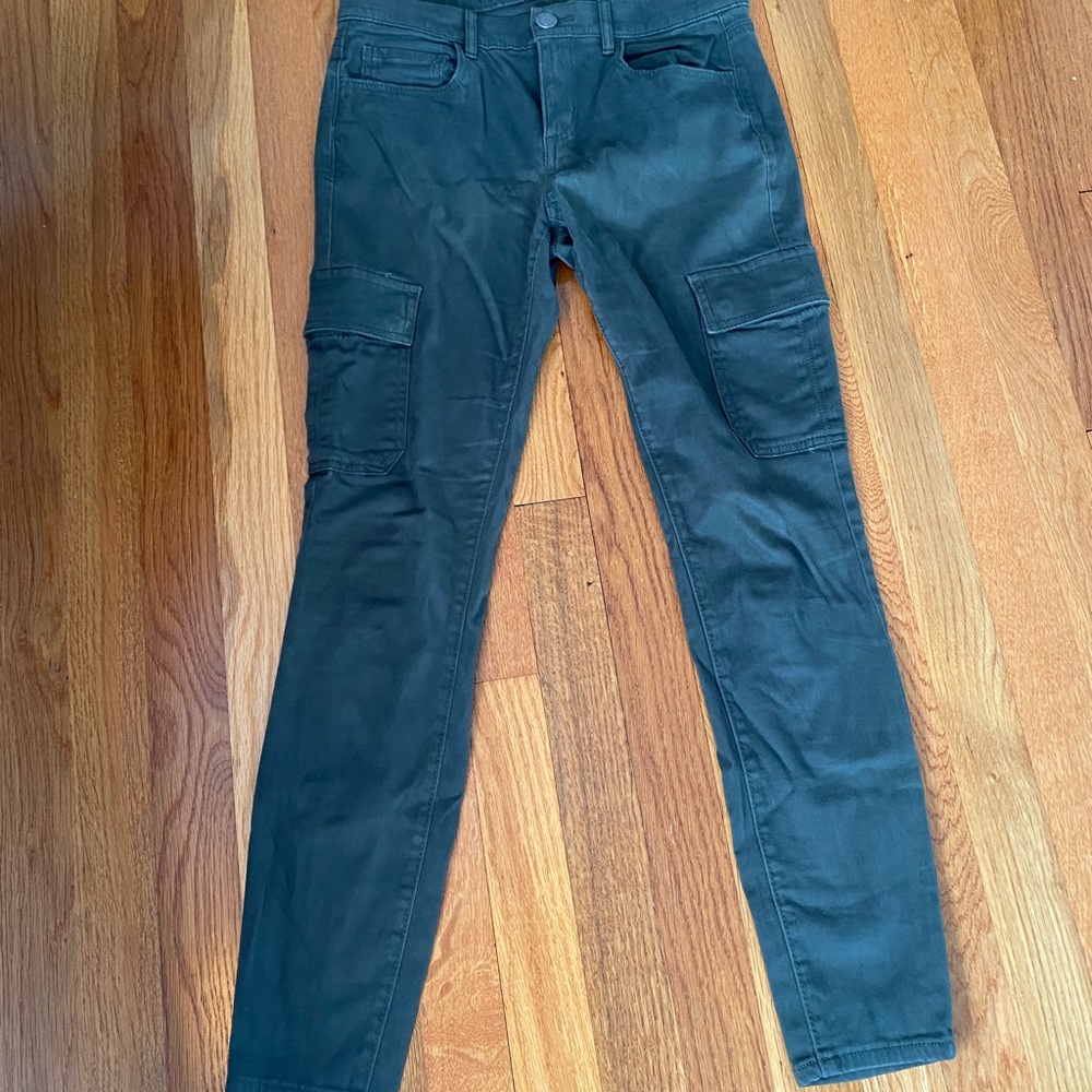 Green, velvety skinny slacks from Loft